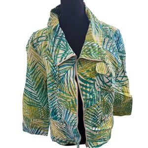 Ruby Rd Women 14 Tropical Palm Leaf Linen Blend Zip Up Utility Jacket Green Blue